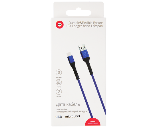  Дата-кабель mObility USB – microUSB, 3А, тканевая оплетка, синий 