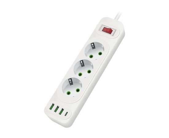  Amper сетевой удлинитель, 4,0м, 3 розетки, 10А, 2500 Вт, 3usb,1Type-C, белый. 