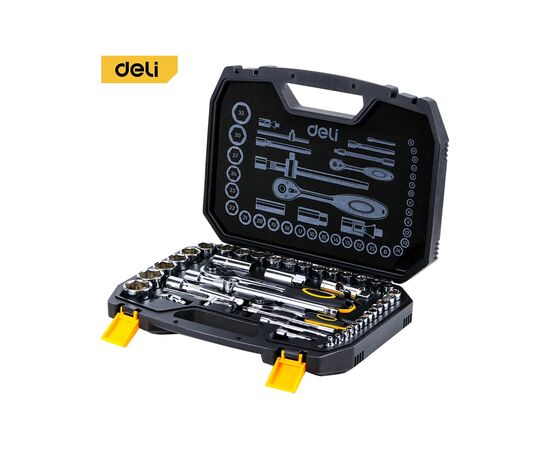  Набор торцевых головок и ключей Deli DL1044 44 предмета 1/2"+1/4", сталь Cr-V, комплектация: торцевые головки (1/4" 4-14мм, 1/2" 8-32мм), 10 удлините 