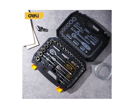  Набор торцевых головок и ключей Deli DL1044 44 предмета 1/2"+1/4", сталь Cr-V, комплектация: торцевые головки (1/4" 4-14мм, 1/2" 8-32мм), 10 удлините 