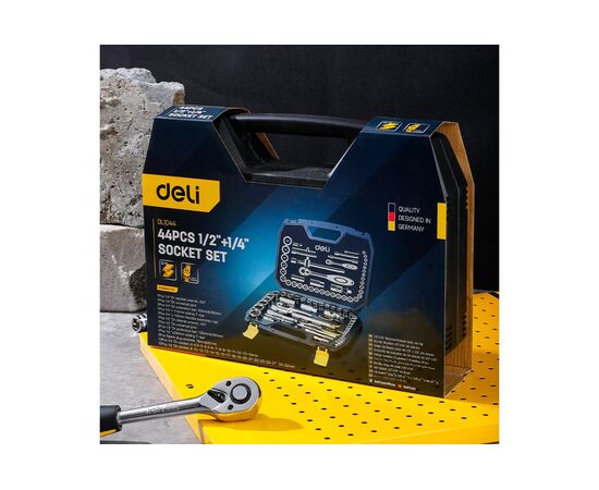  Набор торцевых головок и ключей Deli DL1044 44 предмета 1/2"+1/4", сталь Cr-V, комплектация: торцевые головки (1/4" 4-14мм, 1/2" 8-32мм), 10 удлините 