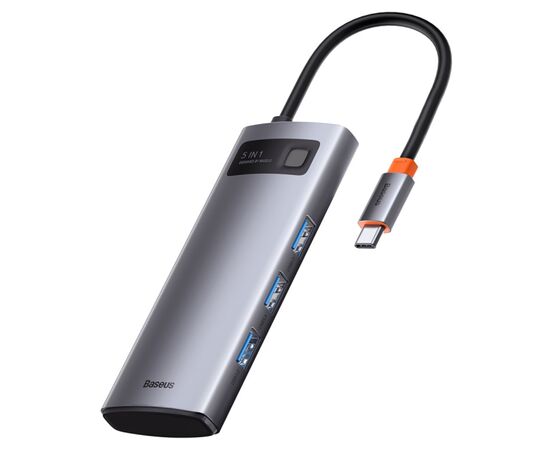 USB HUB разветвитель BASEUS Metal Gleam Series 5 в 1 Type-C (m) - 3xUSB3.0 + Type-C PD + 4К HDMI, серый металлик 