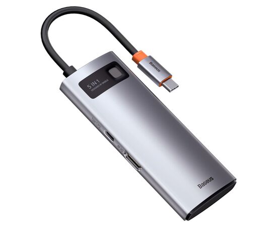  USB HUB разветвитель BASEUS Metal Gleam Series 5 в 1 Type-C (m) - 3xUSB3.0 + Type-C PD + 4К HDMI, серый металлик 
