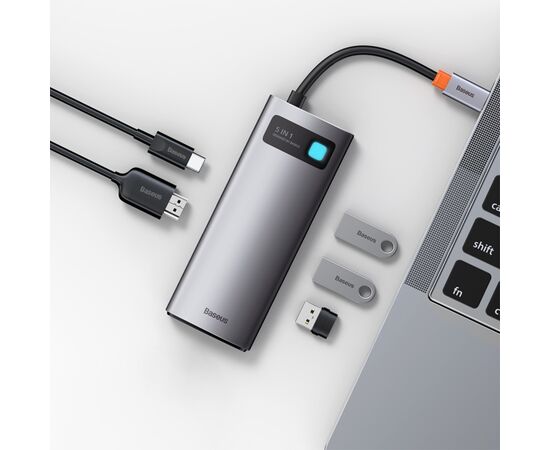  USB HUB разветвитель BASEUS Metal Gleam Series 5 в 1 Type-C (m) - 3xUSB3.0 + Type-C PD + 4К HDMI, серый металлик 