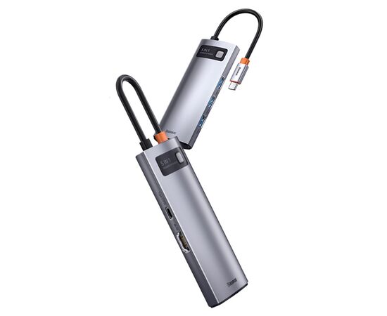  USB HUB разветвитель BASEUS Metal Gleam Series 5 в 1 Type-C (m) - 3xUSB3.0 + Type-C PD + 4К HDMI, серый металлик 