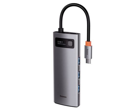  USB HUB разветвитель BASEUS Metal Gleam Series 5 в 1 Type-C (m) - 3xUSB3.0 + Type-C PD + 4К HDMI, серый металлик 
